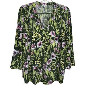 CATO Women's Floral Swing Top Size XL  Bell Sleeve w/ Lace 3/4 Sleeve Floral  C2